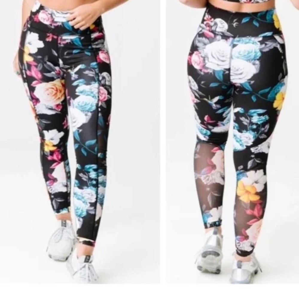 Zyia Dark Floral Mesh High Rise Athletic Leggings Size 2